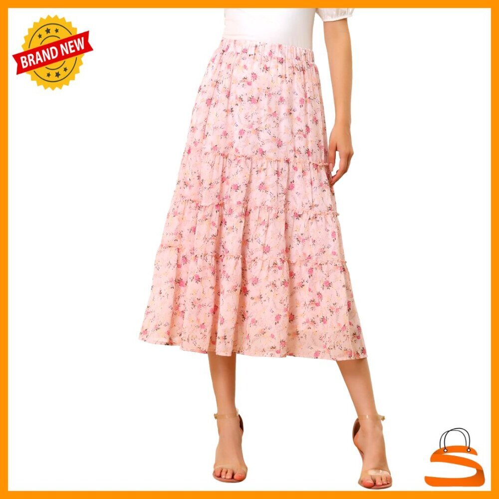 Chiffon A-Line Midi Skirt Floral Print Ruffle Tiered Loose Fit Elastic Waist